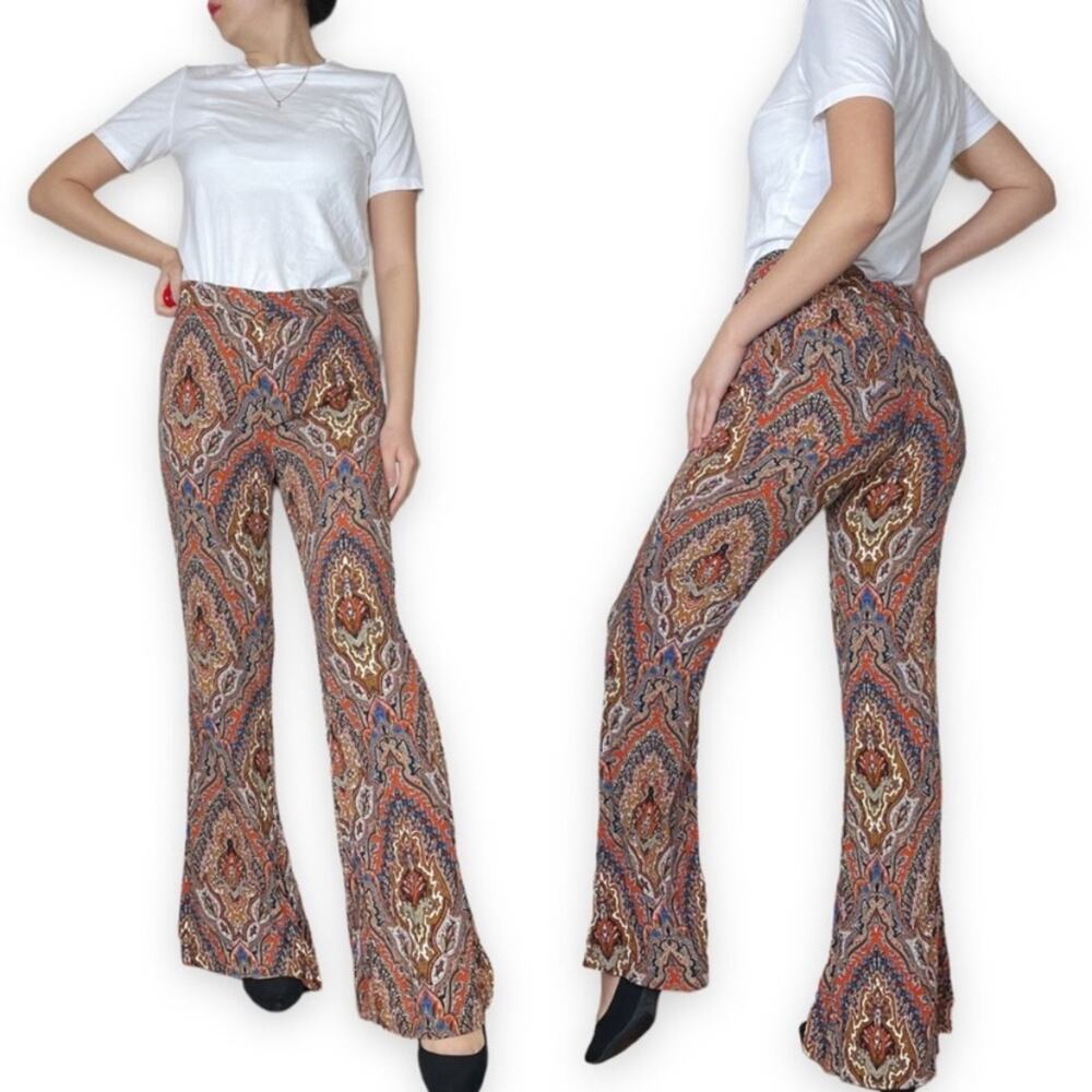 Zara Brown Orange Boho Paisley Print Flare Leg Pants Bloggers Fav Medium